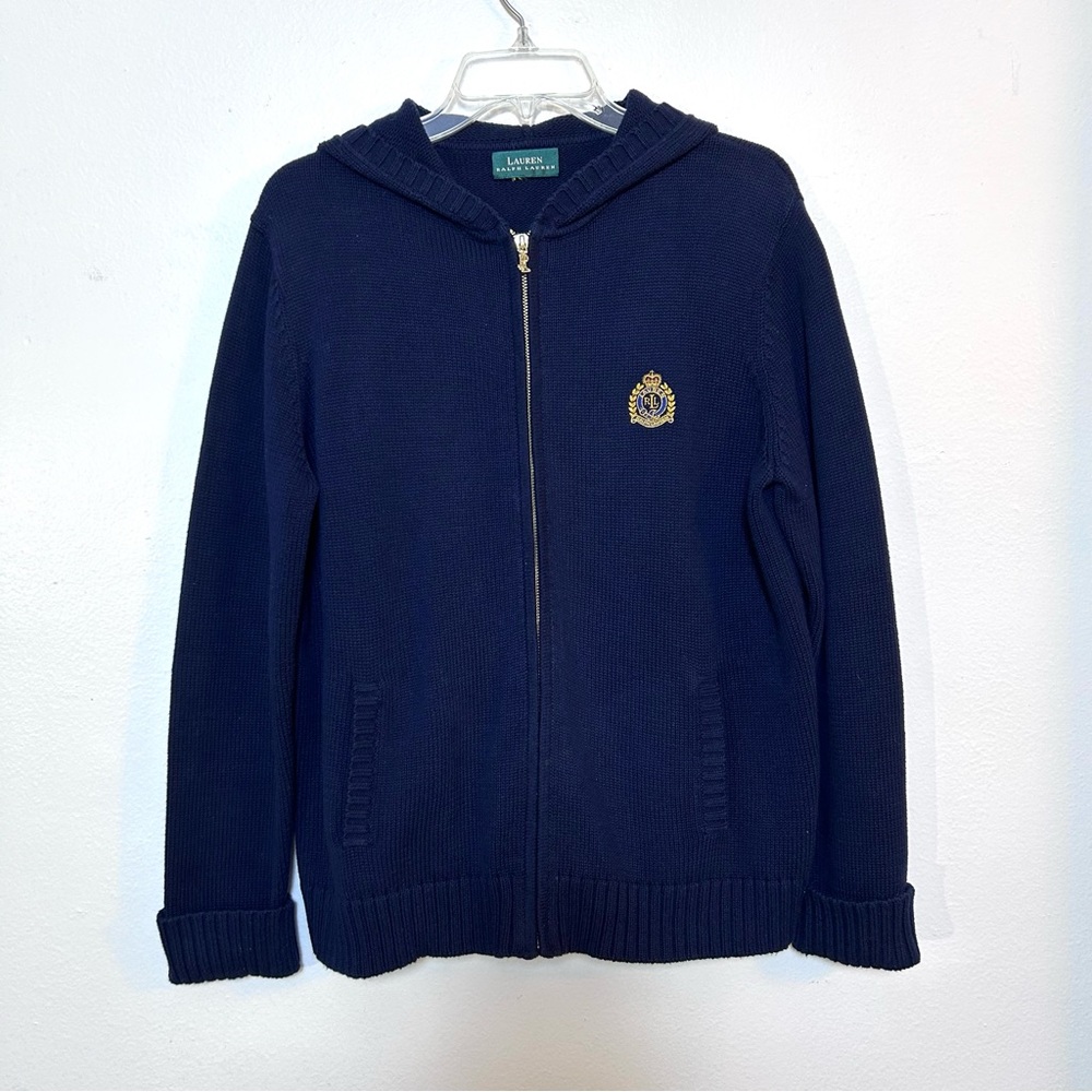 Women’s Lauren Ralph Lauren Navy Blue Knit Zip Up Hoodie Sweater Jacket Large